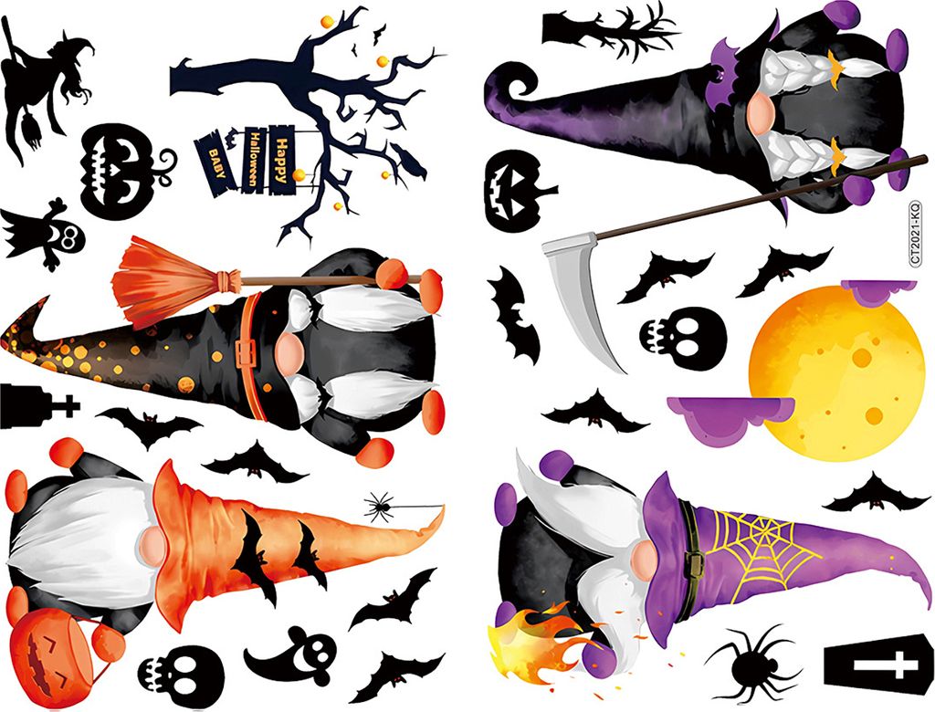 Blätter/Set Halloween-Aufkleber, gruselige Fledermaus, Kürbis, Gnom, Spinne, Hexe, Fensteraufkleber, Halloween, Thanksgiving, Wandtattoos