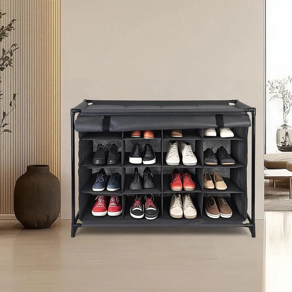 Étagère à chaussures pliable en tissu 16 compartiments pour le camping