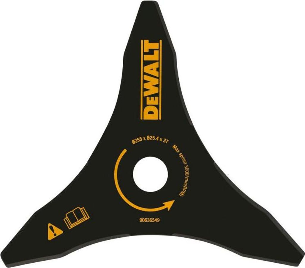 A black and yellow DeWALT trimmer blade is shown against a white background.