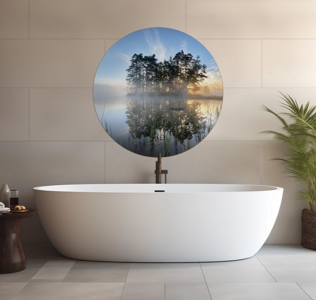Wallario wasserfestes Poster selbstklebend 90 x 90 cm, Stiller See mit Insel im Morgennebel, Badezimmerposter Spritzschutz mit Hochglanzoberfläche...