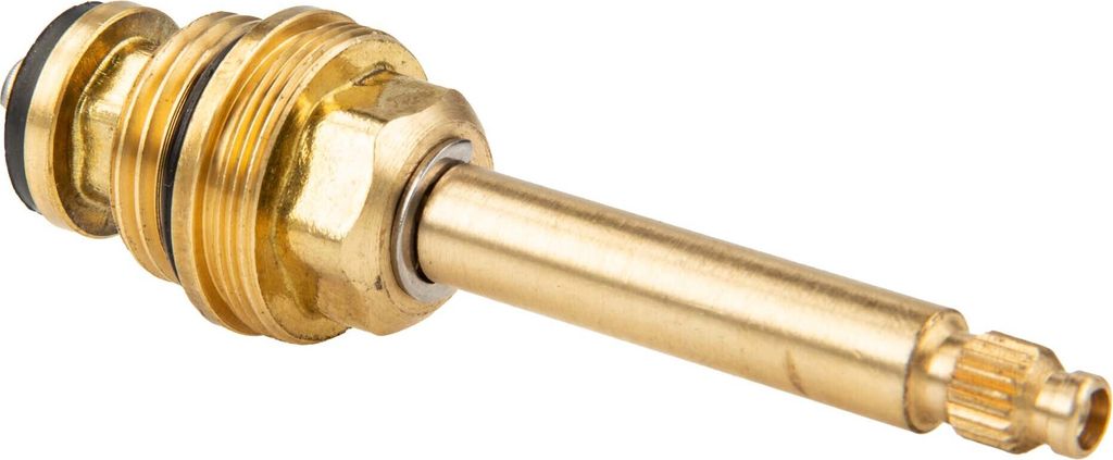 A close-up studio shot of a brass valve stem on a white background.