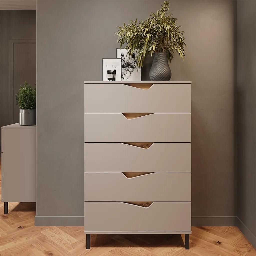 Commode Vicco Marelle : gagnez de la place avec 5 tiroirs Greige 76x120 cm