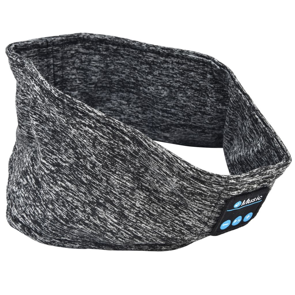 A close-up studio shot of a gray and black speckled fabric headband with a small black and blue Bluetooth module on the side.