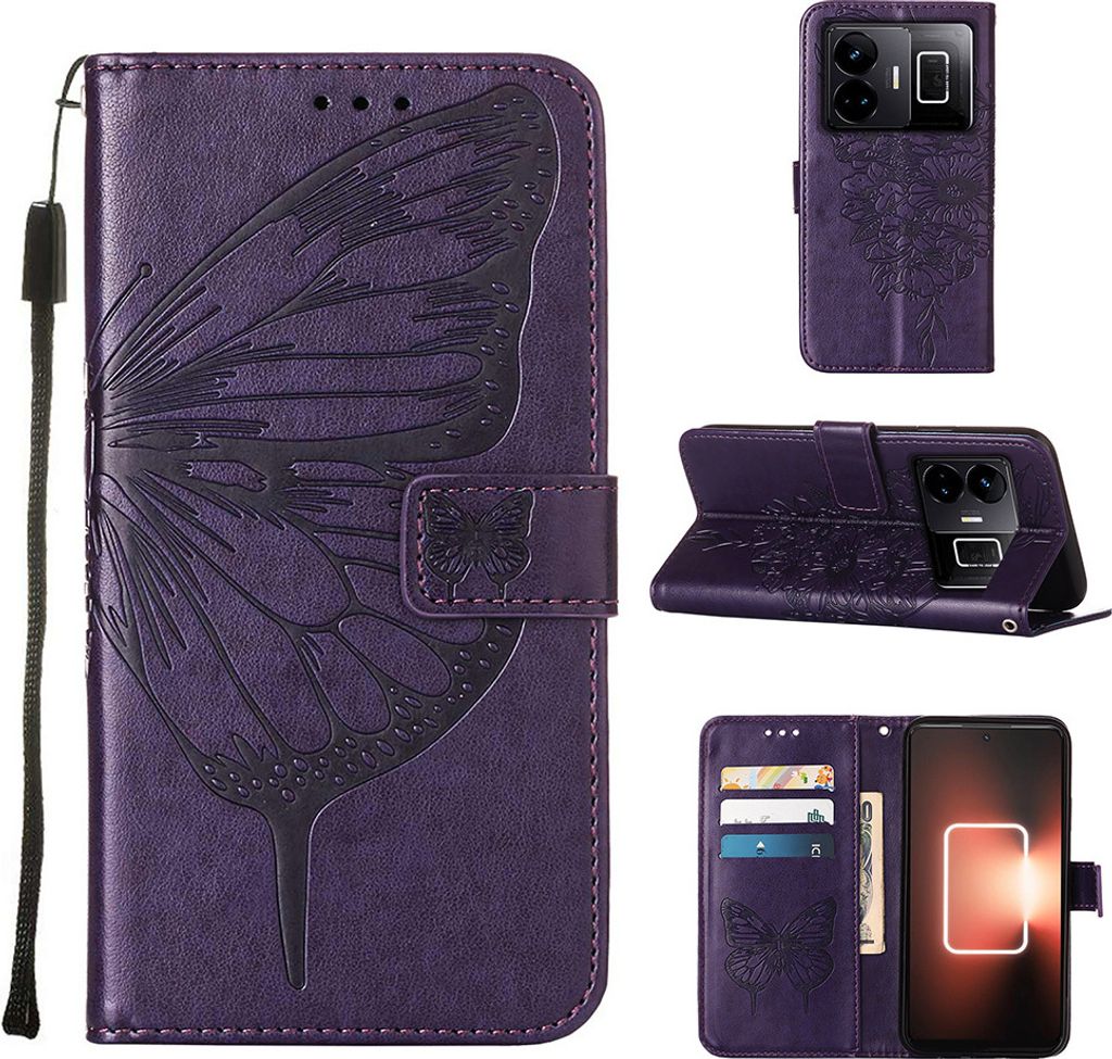 Lederhülle für Realme GT Neo 5 /Realme GT3 Schmetterling Prägung Flip Ledertasche Kartenfächer Handyhülle mit Ständer Lila