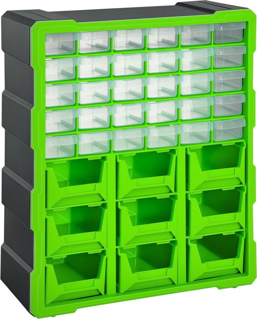Grüne Aufbewahrungsbox mit 39 Fächern, Sortierkasten für Kleinteile, 38x16x47,5 cm