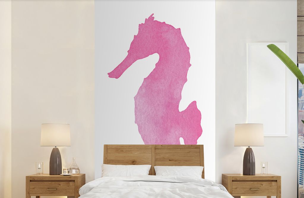 MuchoWow Fototapete für Wohnzimmer oder Schlafzimmer Wandtapete Vinyl Motivtapete Seepferdchen - Rosa - Aquarell - 120x240 cm - Hintergrundbild