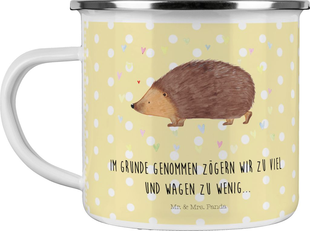 Mr. & Mrs. Panda Teetasse Igel Herzen - Gelb Pastell - Geschenk, Lustige Sprüche, Leben, Outdoor Tasse, Vertrauen, Teebecher, Emaille, Liebe, Pott...