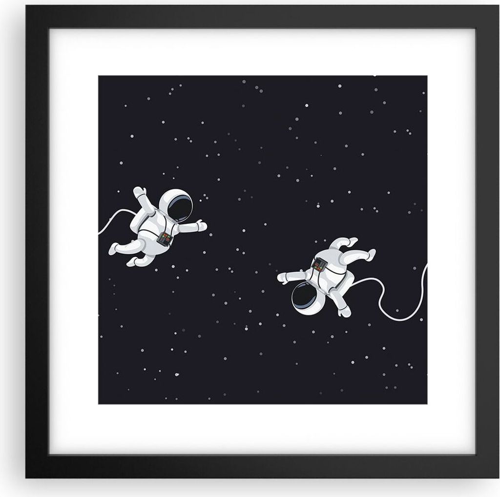 Gerahmtes Poster - Schwarzer Rahmen - Cartoon Astronauten Kosmos - 30x30 cm - Wand Bild - Wanddeko - Wandbilder - Kunstposter - Wandposter - Bilder...