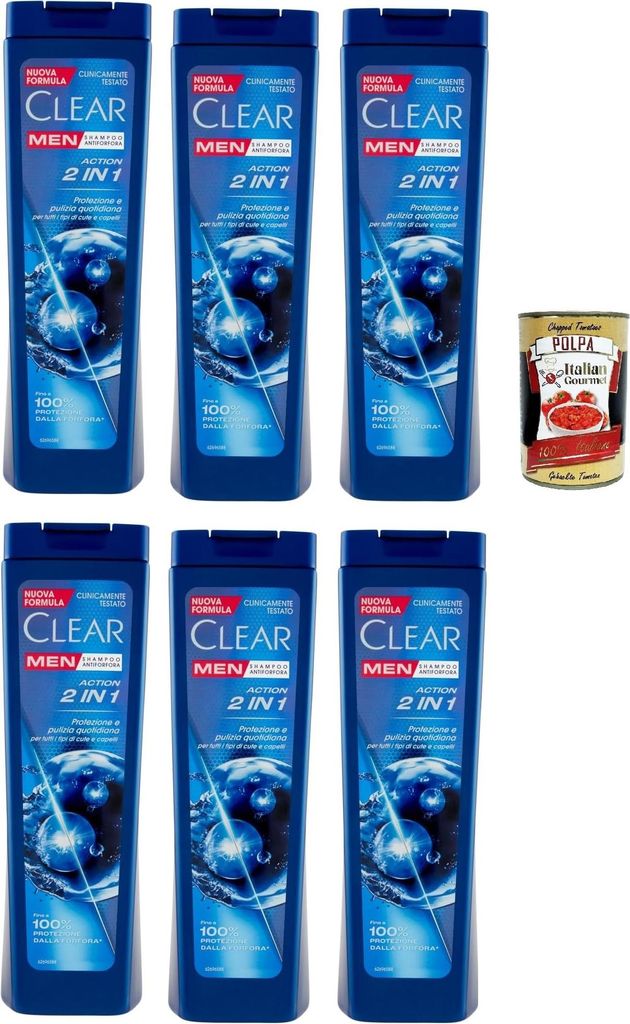Clear ACTION 2IN1 Men Shampoo für alle Haar- und Kopfhaut Typen - Schuppen-Shampoo 6x 225ml + Italian Gourmet polpa 400g