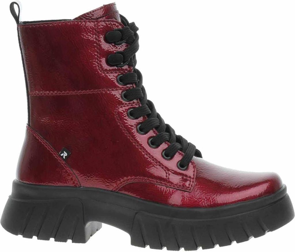 A single red lace-up boot with a black sole is shown against a white background.