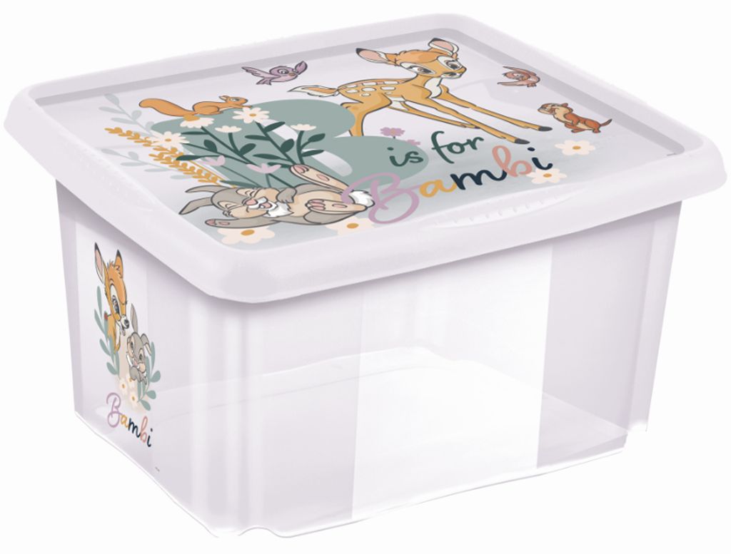 A clear, studio shot of a white plastic storage box with a lid featuring a colorful Bambi-themed illustration.