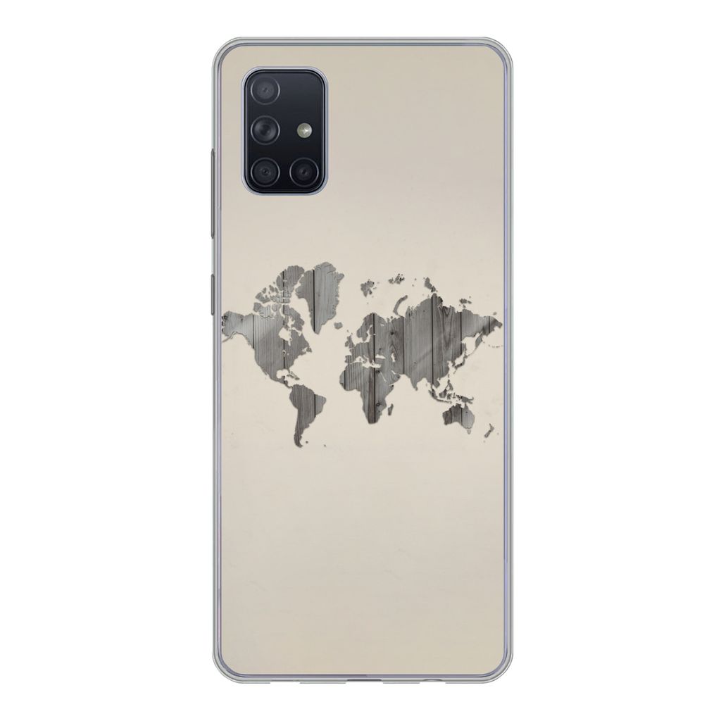 MuchoWow Handyhülle Schutzhülle Hülle für Samsung Galaxy A71 Weltkarte - Holz - Regal Silikon Softcase Handy Hülle - Kartenbesitzer