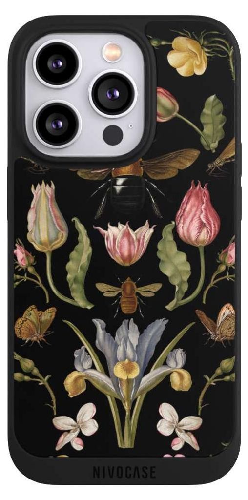 NIVOCASE Handyhülle für Apple iPhone 14 Pro Hülle NIVOpure Case Schwarz Biene Blumenkranz Blüte
