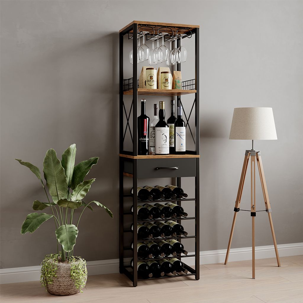 A wine rack with bottles and glasses is shown in a room with a plant and a lamp.