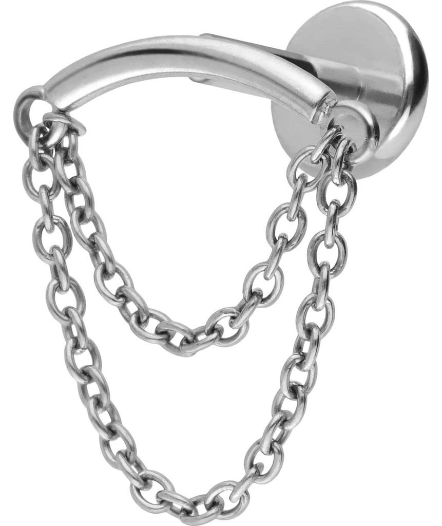 Ohrpiercing, Nasenpiercing Titan Labret mit Push Fit BOGEN + 2 KETTEN Silber Stablänge: 6mm | Stabstärke: 1mm
