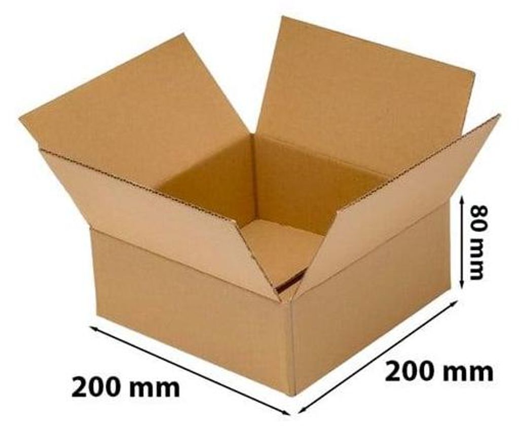 An open cardboard box with dimensions indicated.