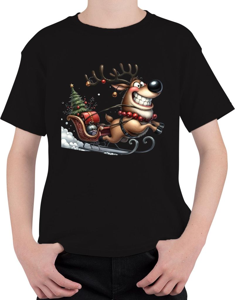 Lustiges Rentier Schlitten Weihnachten Geschenk Retro Uni Kinder T-Shirt, Schwarz, 104