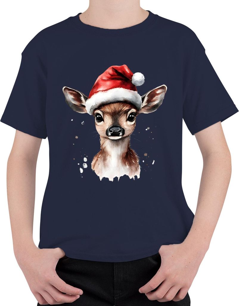 Rehkitz Weihnachten niedlich Aquarell Weihnachtsmann Hut Geschenk Uni Kinder T-Shirt, Navy, 116