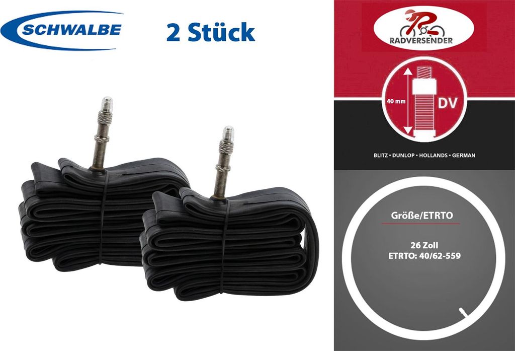 2 Stück 26 Zoll SCHWALBE Schlauch No.13 MTB 40/62-559 DV Blitz Ventil