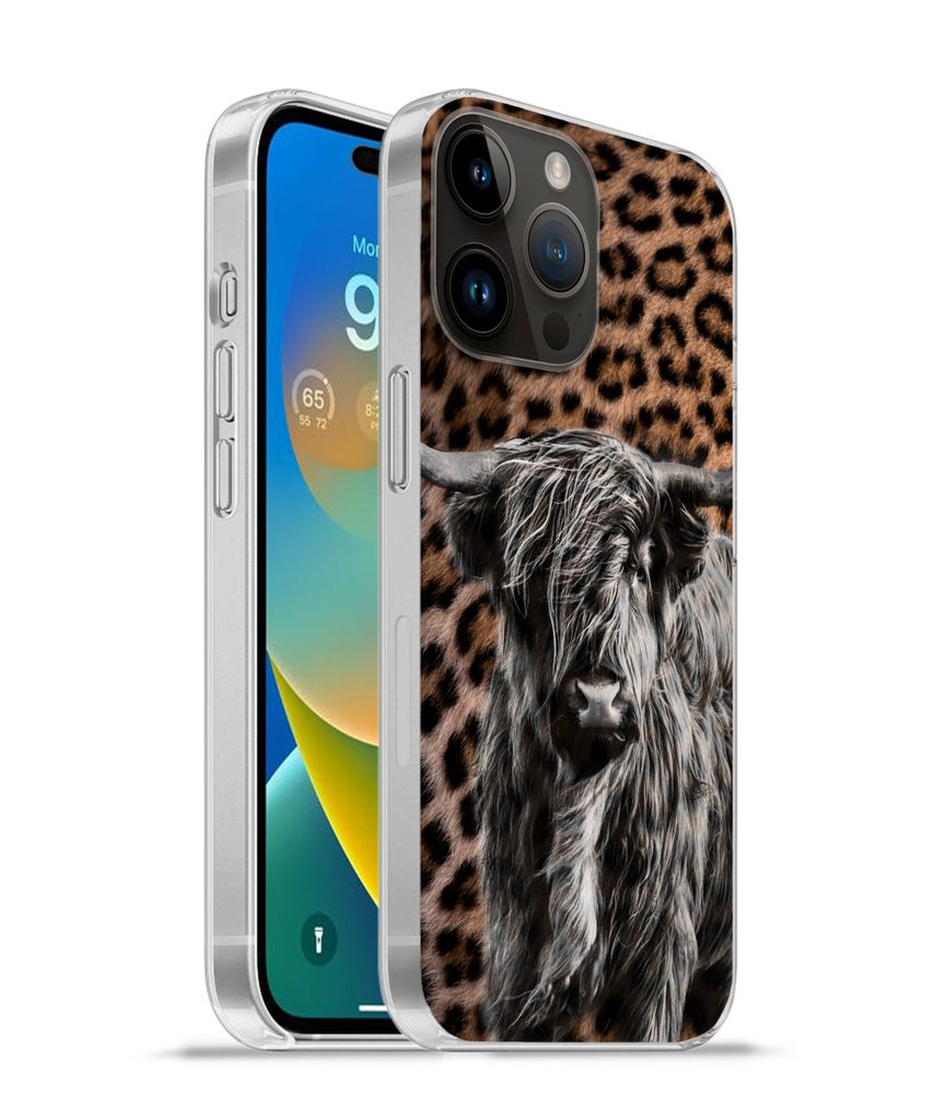 MuchoWow Handyhülle Schutzhülle Hülle für Apple iPhone 14 Pro Max Schottischer Highlander - Pantherdruck - Schwarz - Weiß Silikon Softcase H...