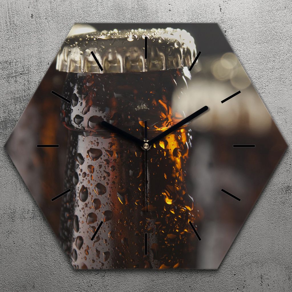Uhr hexagonal 40 cm Glas Geräuschlos schwarze Zeiger - Bierflaschen