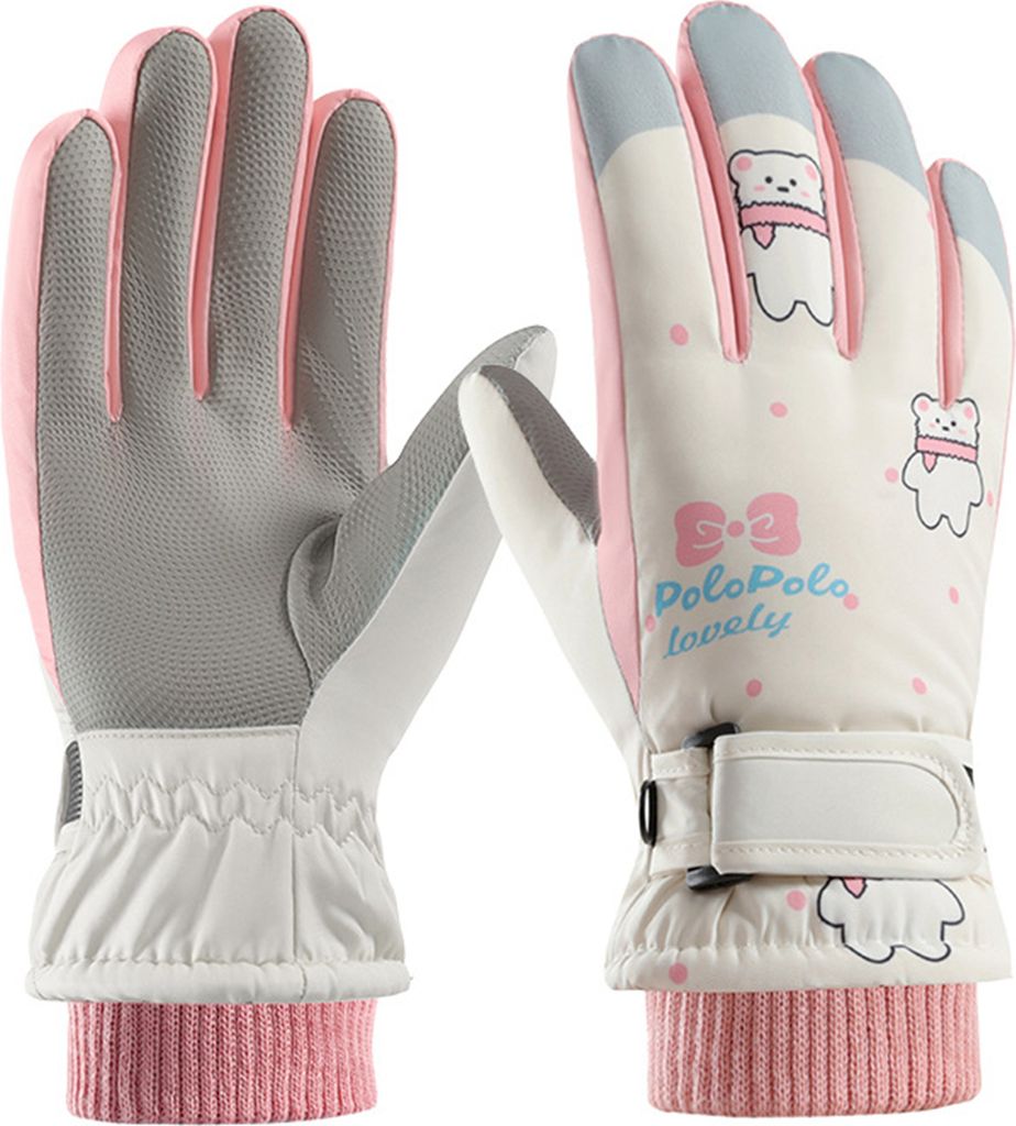 1 Paar Winter-Skihandschuhe mit Verschlussband, wasserabweisend, winddicht, Fleecefutter, Thermo-Touchscreen-Handschuhe für Kinder
