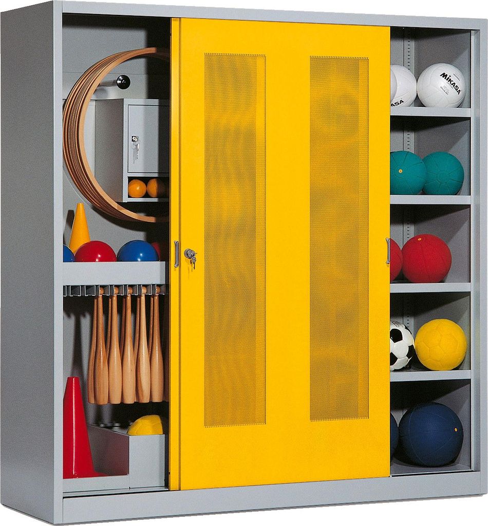 C+P Sportgeräteschrank mit Lochblech-Schiebetüren (Typ 5), HxBxT 195x190x60 cm, Verkehrsgelb (RAL 1023), Anthrazit (RAL 7021), Einzelschließung