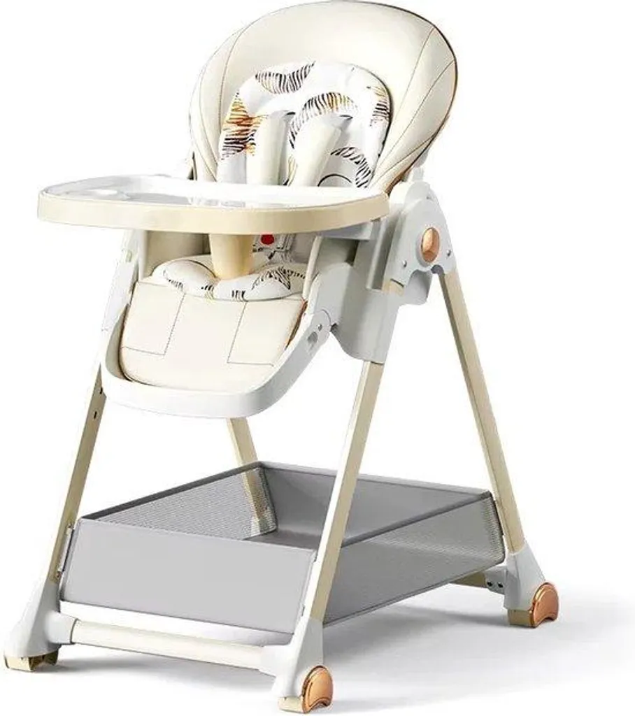 Chaise haute pour bébé pliable blanche avec roulettes et grand panier