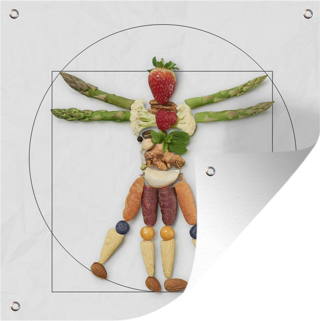 MuchoWow 100x100 cm Outdoor-Poster Gartendeko Sichtschutz Garten Poster für den Garten Der vitruvische Mensch aus Obst und Gemüse