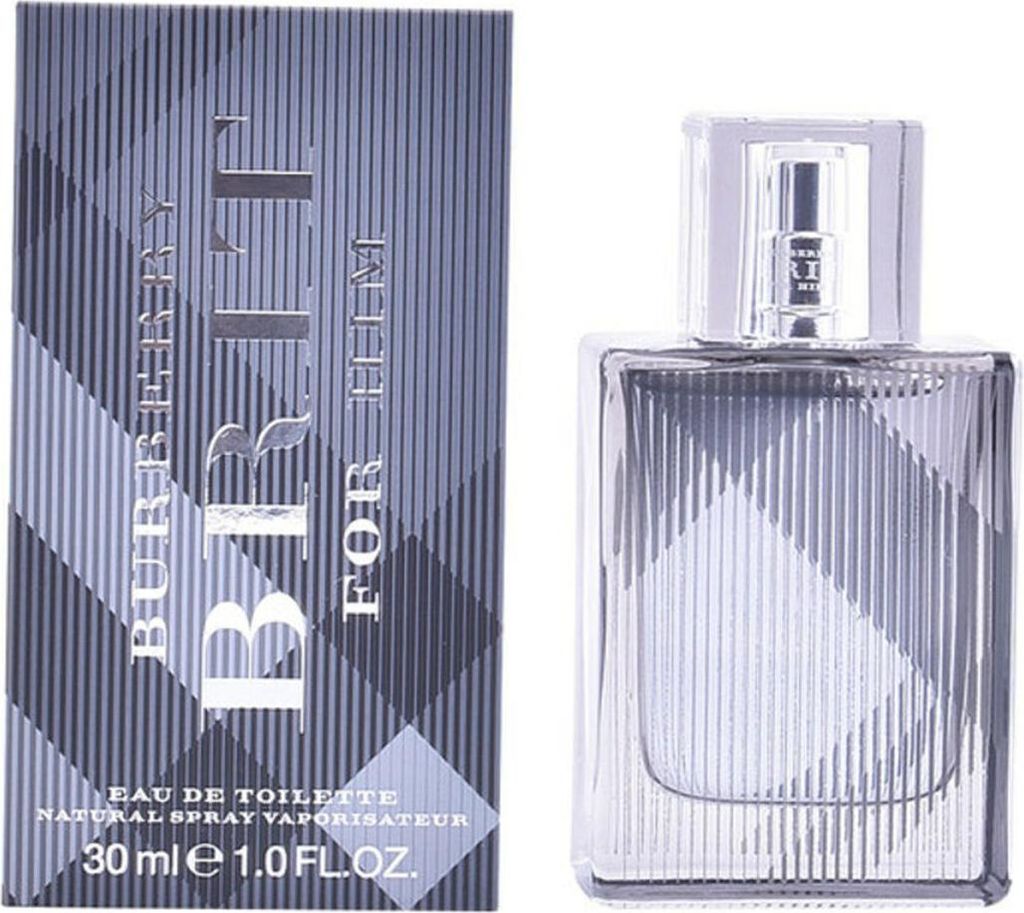 A bottle of Burberry Brit For Him Eau de Toilette and its packaging are displayed side-by-side against a white background.
