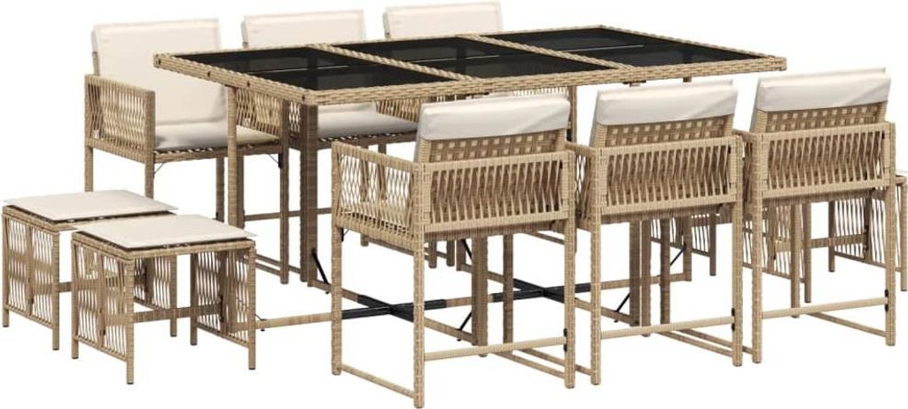 vidaXL 11-tlg. Garten-Essgruppe mit Kissen Beige Poly Rattan