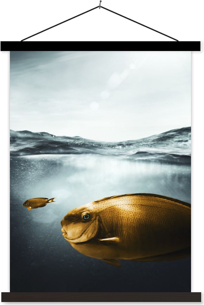 MuchoWow Textilposter Meer - Fisch - Gold 90x120 cm mit schwarzem Rahmen - Dekoration