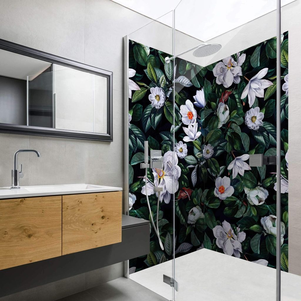 Duschrückwand Muster selbstklebend - 0.35 mm Wandpaneel wasserfest Blumenmuster grün Badrückwand fugenlos Smart matt 90x200 cm