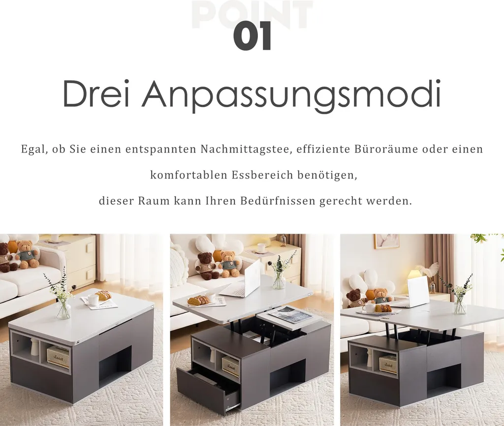 Table basse relevable bicolore grise avec rangement moderne pour salon - 7