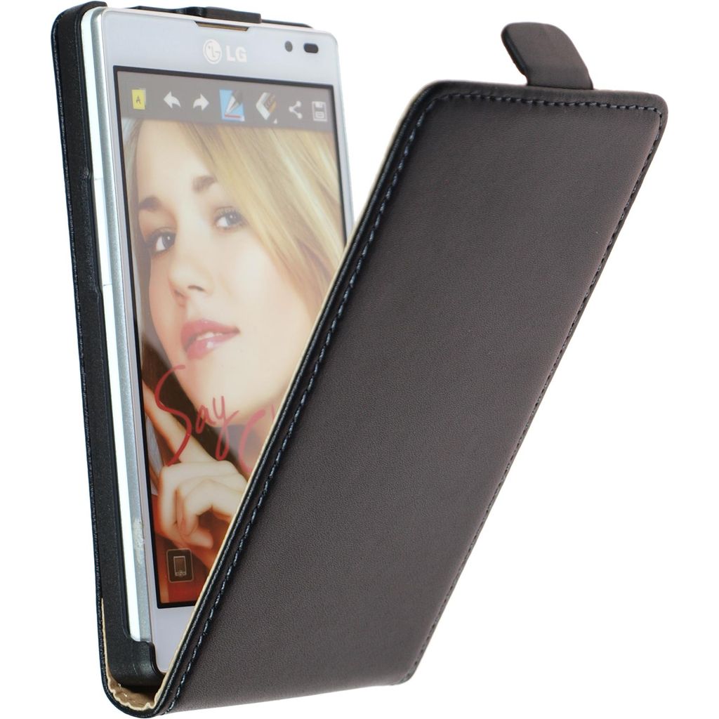 PhoneNatic Kunst-Lederhülle kompatibel mit LG Optimus L9 - Flip-Case schwarz + 2 Schutzfolien