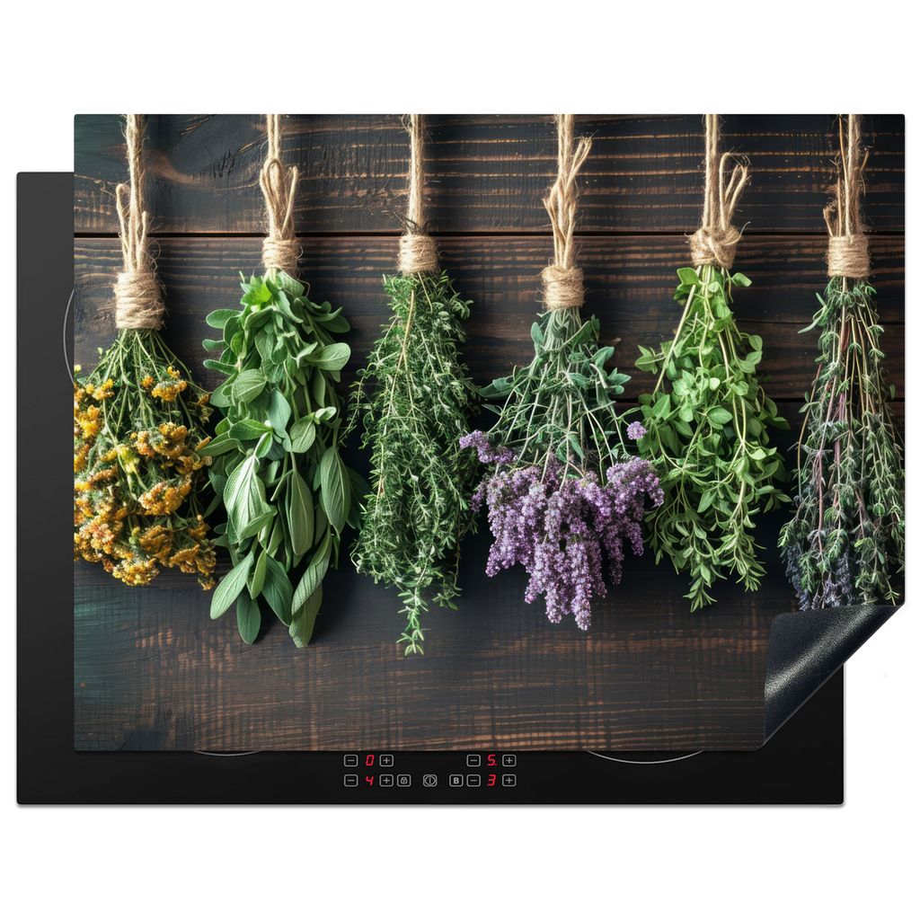 KitchenYeah Herdabdeckplatte Kräuter - Gewürze - Holz , 77x59cm, Küche Deko, Glaskeramikkochfeld Herdabdeckung, Abdeckplatte fùr Kochfeld