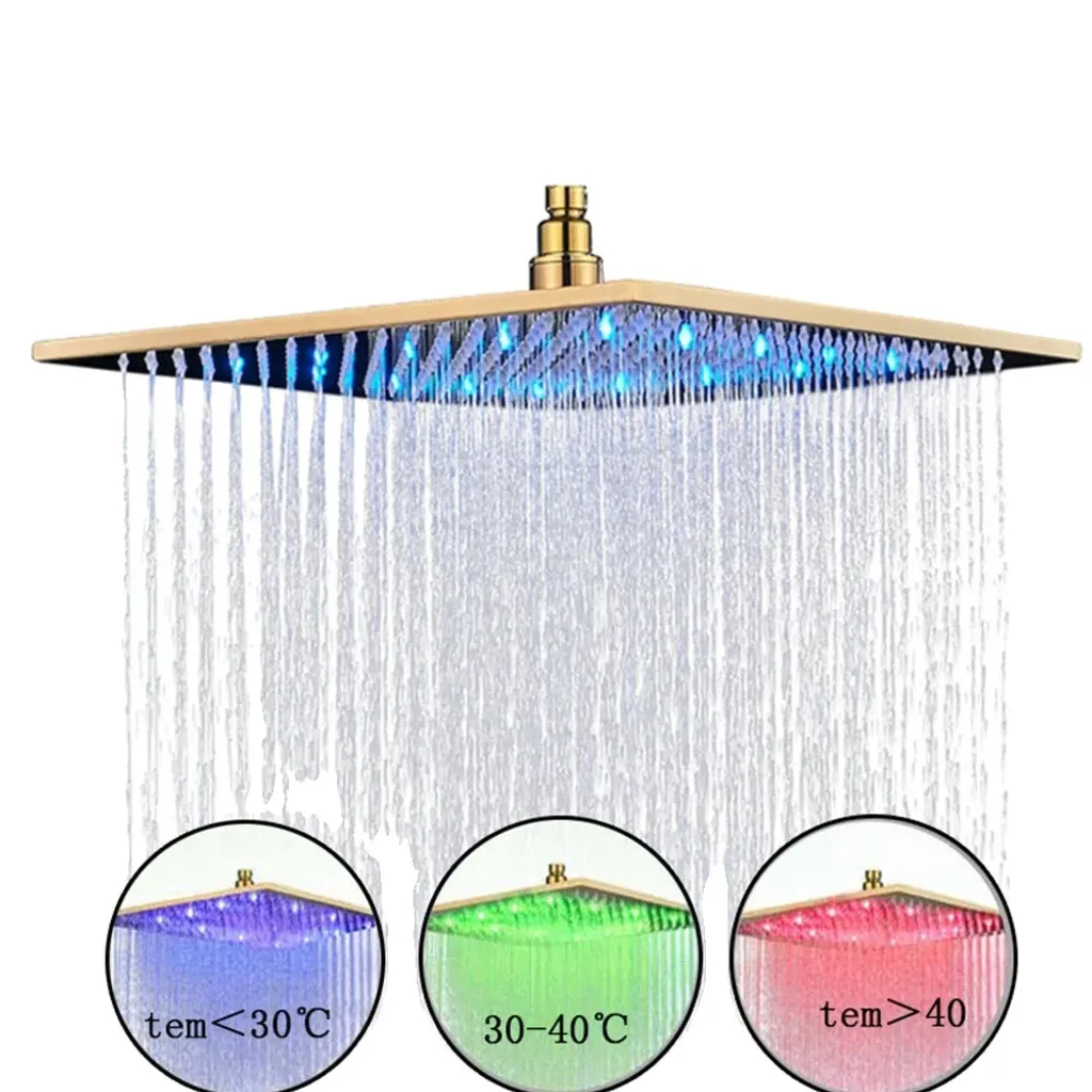 Tête de douche effet pluie lumineuse LED en inox doré pour salle de bain