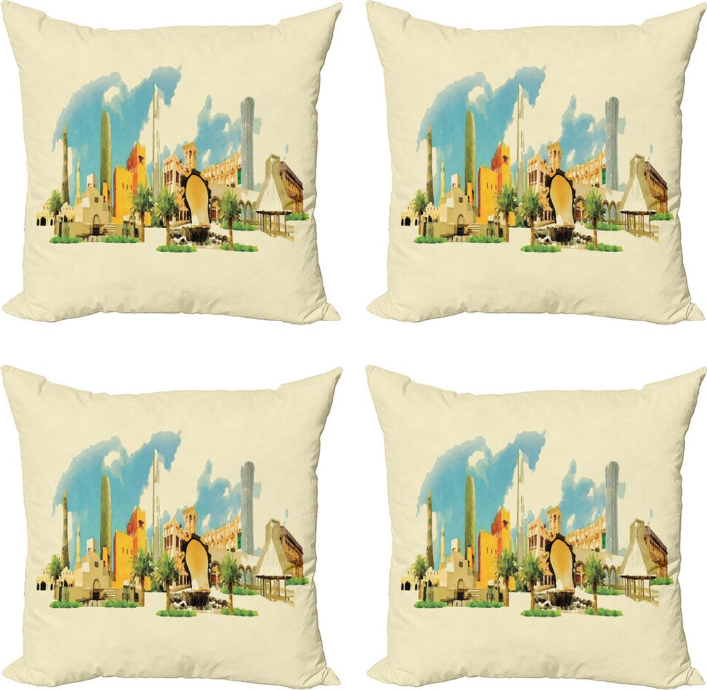 ABAKUHAUS Landschaft Kissenbezug Set (4 Stück), Doha Aquarell Panorama, Moderner Doppelseitiger Digitaldruck, 40 cm x 40 cm, Mehrfarbig