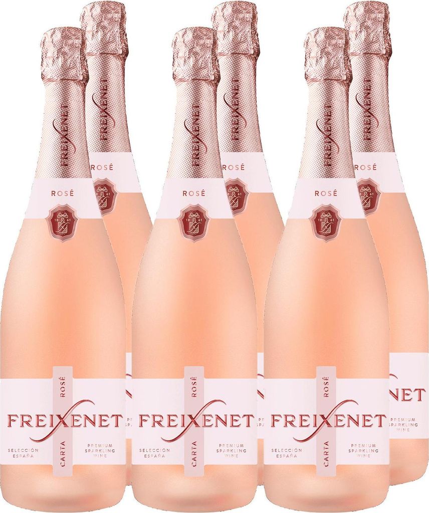 Six bottles of Freixenet Carta Rosé sparkling wine are arranged in a row against a white background.