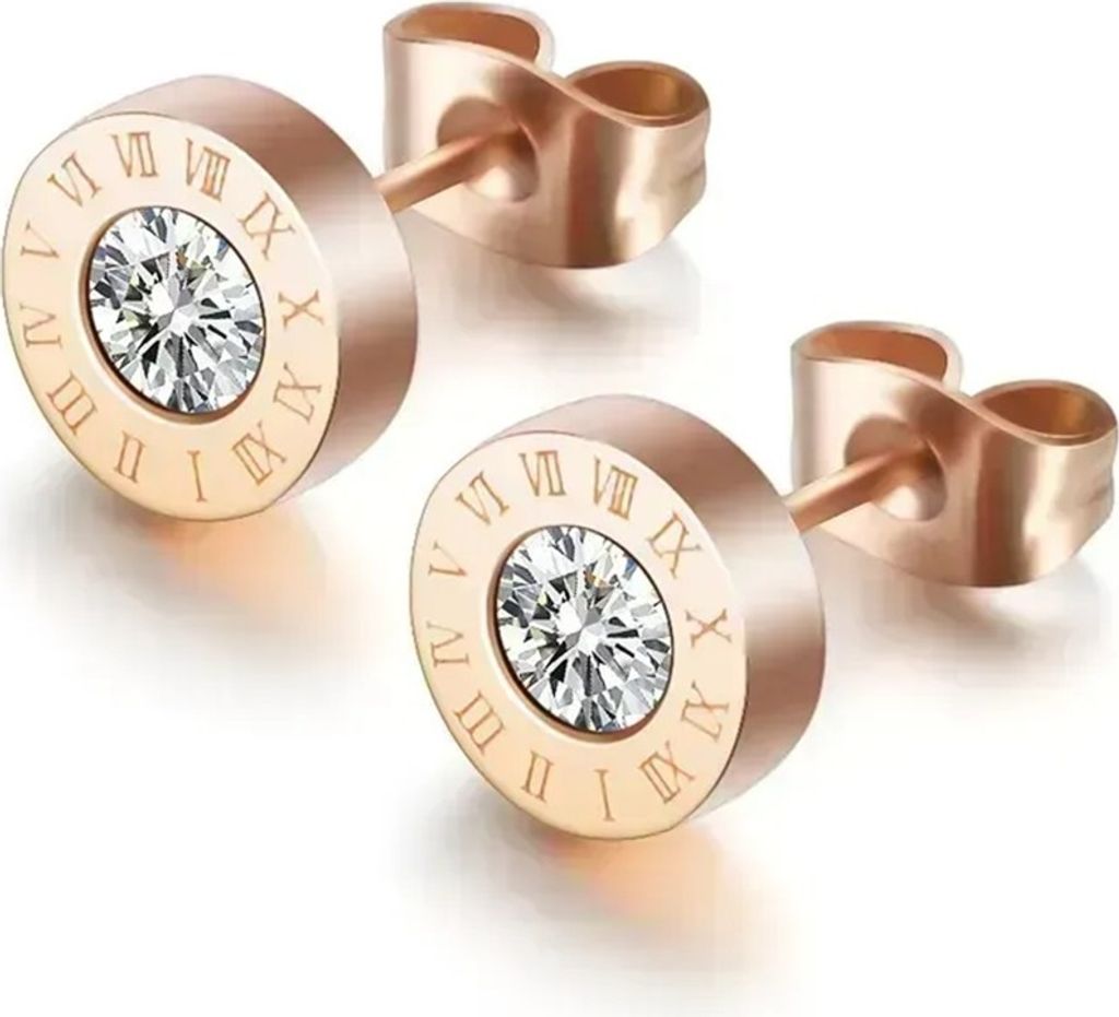 Kleine Ohrstecker Ohrringe römische Zahlen mit Edelstein Rosa