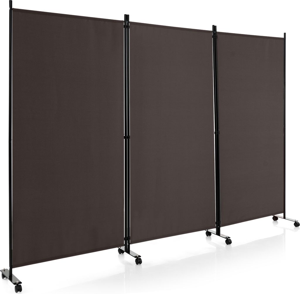 A three-panel room divider on wheels, made of dark brown fabric and black metal frames, set against a white background.
