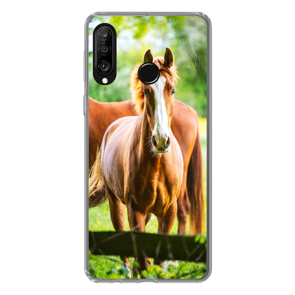 MuchoWow Handyhülle Schutzhülle Hülle für Huawei P30 Lite Pferde - Licht - Wiese Silikon Softcase Handy Hülle - Handyhülle