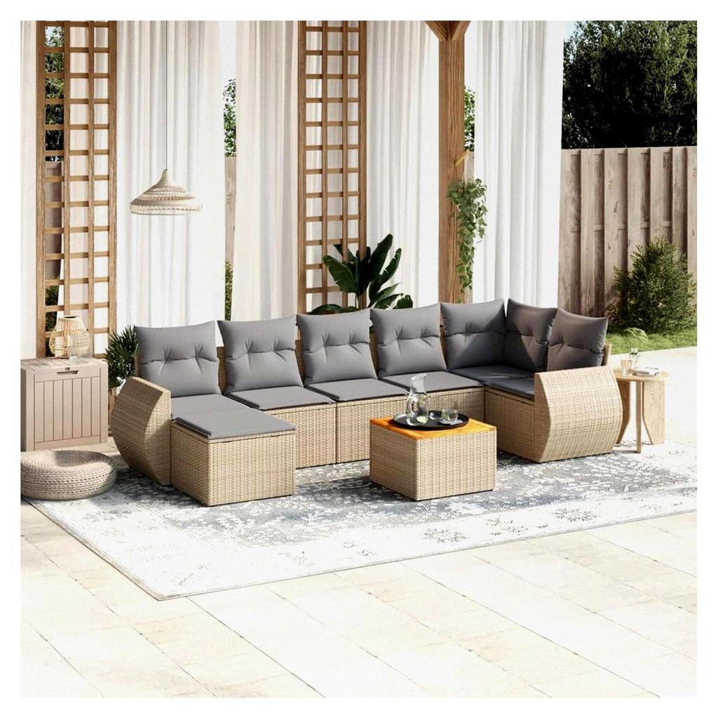 Gartenmöbel-Set mit Kissen, Beige, 8-teilig, PE-Rattan