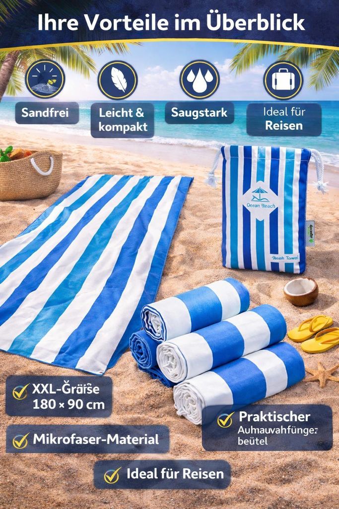 Monster XXL Strandtuch 180x90 cm – Mikrofaser, saugstark & schnell trocknend, Strand & Urlaub