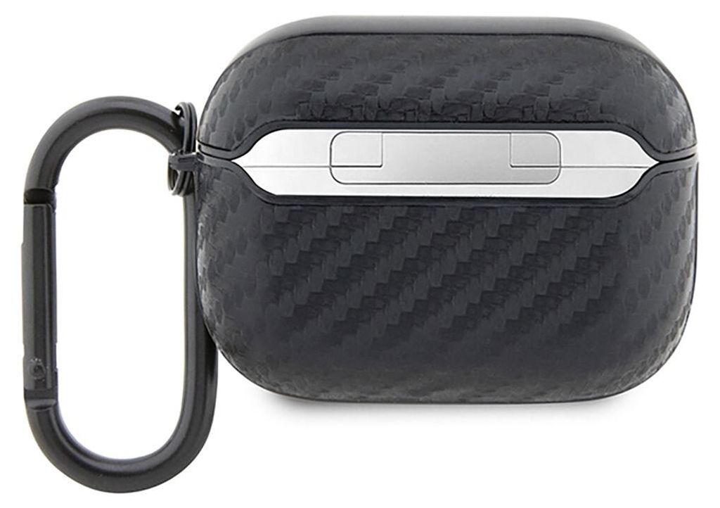 A black carbon fiber textured AirPods Pro case with a silver accent and a black carabiner clip attached.