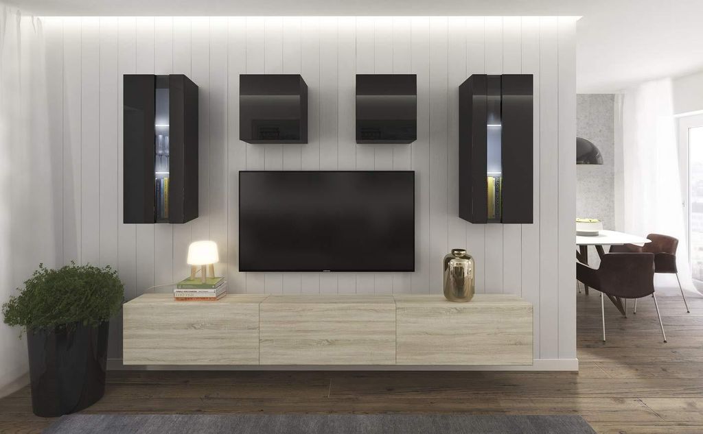 Furnitech Wohnwand Wohnzimmer - Wohnzimmer Möbel mit LED Blau - Hängend Wohnwand Modern - Regale und TV Schrank (AN291-17BS-HGM31 1A Klein)