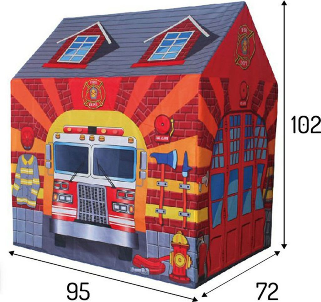 A children's play tent designed to look like a fire station, with graphics of a fire truck, fire fighter gear, and a fire hydrant.