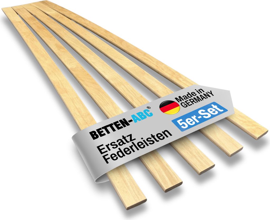 A set of wooden slats for a bed frame, with a label indicating brand and product details.