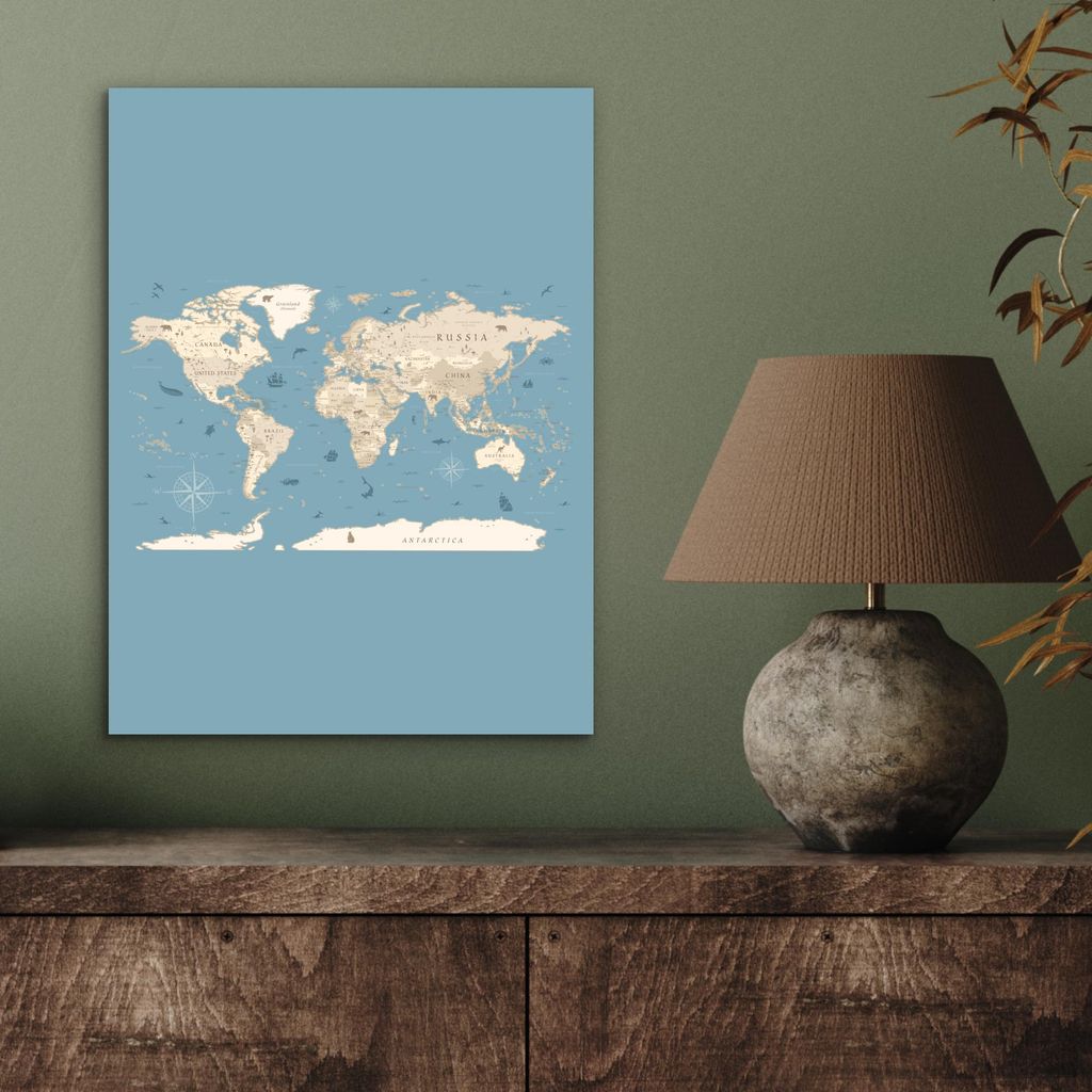 MuchoWow Wanddekoration Metall Metallbild Wandkunst 30x40 cm Weltkarte - Ozean - Realistisch - Blau MuchoWow Aluminium Gemälde - Bilder
