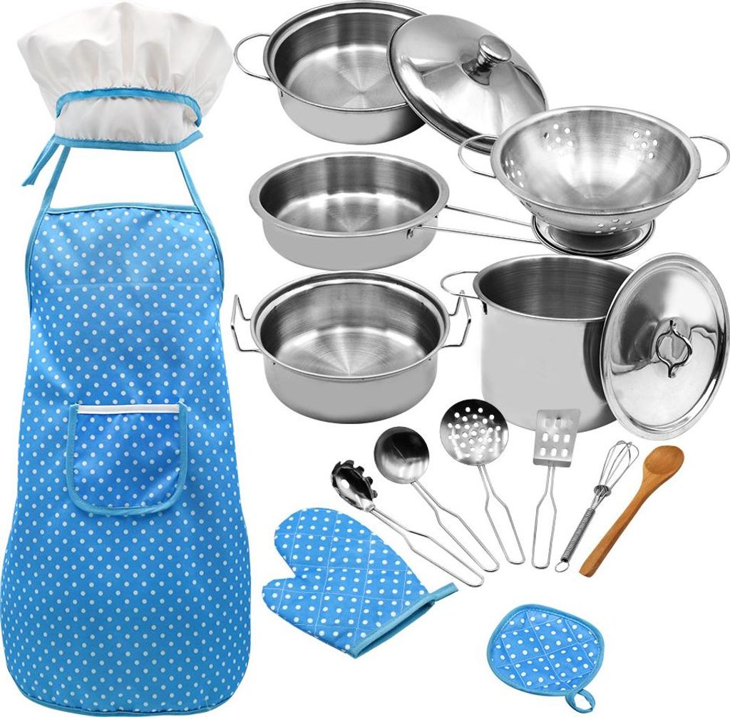 Kinder Koch- und Backset 18 PCS mit Kochmütze Schürze Ofenhandschuh Pfanne Suppentopf Löffel Schaufel Küchenutensilien Kinderkoch Rollenspielse...